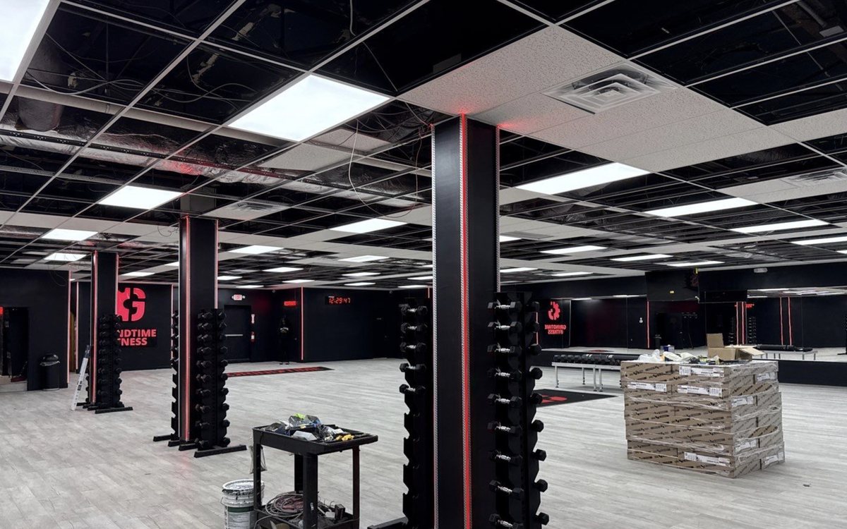 Commercial security camera covering the workout floor of a gym in Michigan, installed by Michigan Security Systems