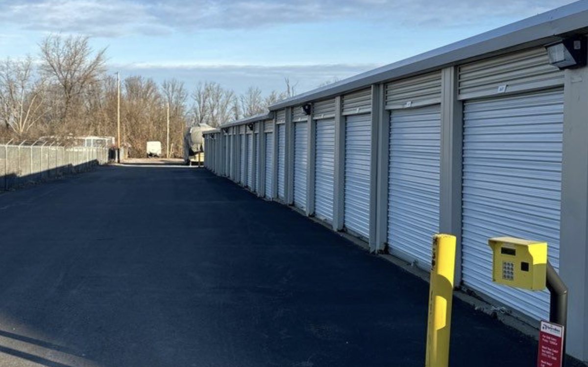 Security cameras covering the drive lanes of a self-storage facility in Michigan, installed by Michigan Security Systems